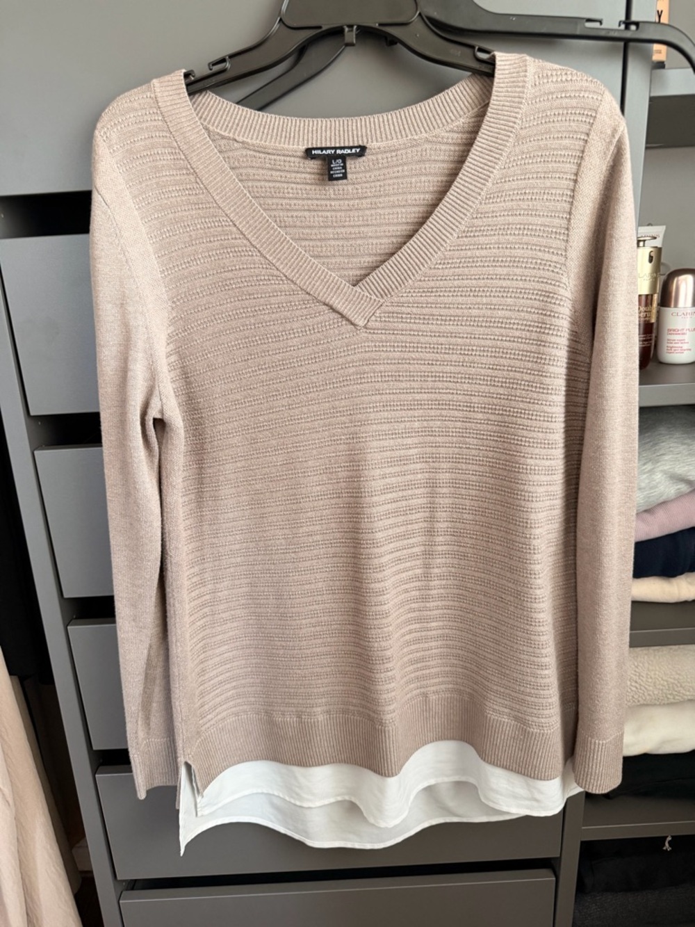 Hilary Radley Beige Layered V-Neck Sweater with White Hem